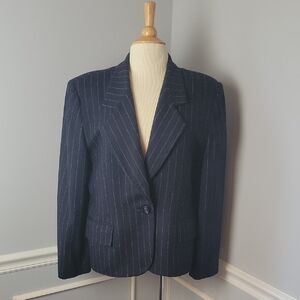 OLEG CASSINI Navy Blue Wool Blend‎ Pin Stripe Single Button 80s Office Blazer 16